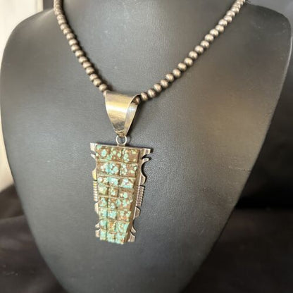 Authentic Native American Navajo Blue Turquoise Necklace Pendant | Sterling Silver | 8" | 14462