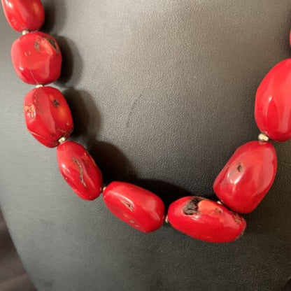 Native American Navajo Red Coral Bead Necklace | Sterling Silver | 18" | 13407