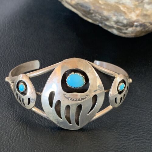 Navajo Turquoise Bear Paw Cuff Bracelet | Sterling Silver | Authentic Native American Handmade | 12875