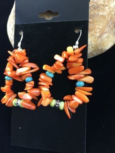 Navajo Orange Coral Turquoise Earrings Set | Sterling Silver | Authentic Native American Handmade | 1784