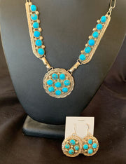Navajo Blue Kingman Turquoise Necklace & Earrings Set | Sterling Silver | Authentic Native American Handmade | 2113