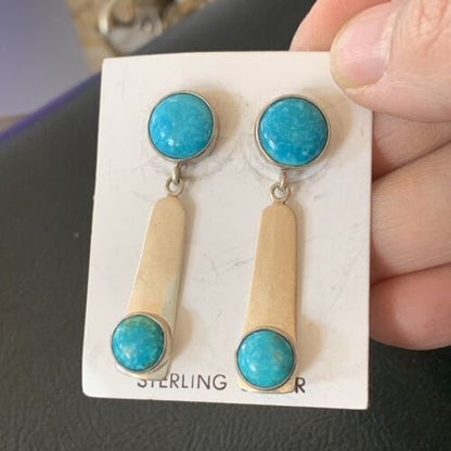 Handmade Navajo Kingman Turquoise Dangle Earrings | Sterling Silver | Authentic Native American | 2044