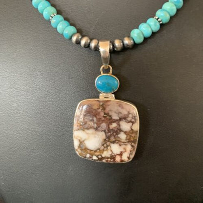 Men's Navajo Pearl Necklace | Sterling Silver | Blue Turquoise & Wild Horse Pendant | 11860