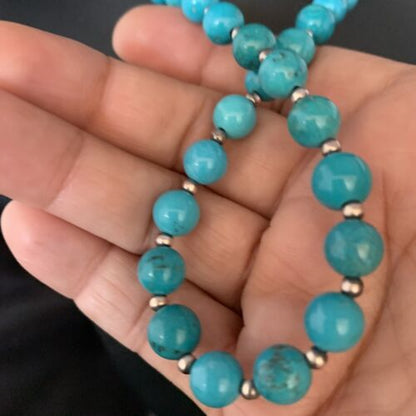 Navajo Blue Turquoise Round Bead Necklace | Sterling Silver | 21" | Authentic Native American Handmade | 13803