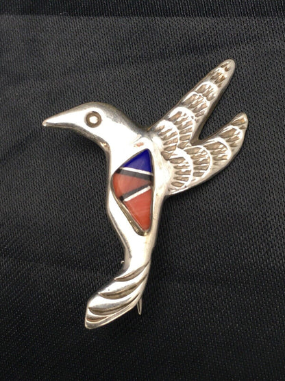 Navajo Spiny Oyster Lapis Hummingbird Pin | Sterling Silver | Authentic Native American Handmade | 2902