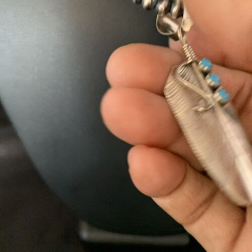Navajo Blue Turquoise Feather Pendant Necklace | Authentic Native American Sterling Silver | Multi-Stone | 13821