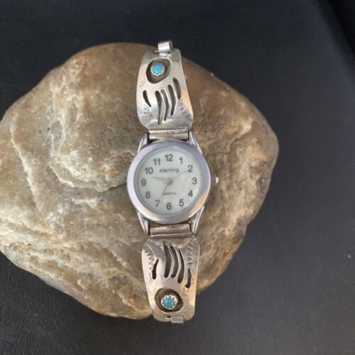Women's Navajo Sterling Silver Watch Tips with Blue Turquoise | Bear Paw Design | Authentic Native American Jewelry | 13692