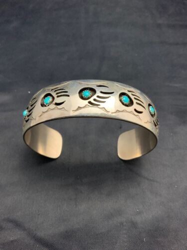 Navajo Turquoise Shadow Box Bear Paw Bracelet | Sterling Silver | Authentic Native American Handmade | 4610