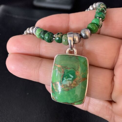 Navajo Pearls Green Mojave Turquoise Pendant Necklace | Sterling Silver | Native American Handmade | 13465