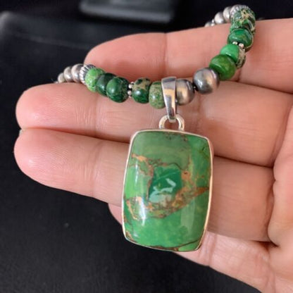 Navajo Pearls Green Mojave Turquoise Pendant Necklace | Sterling Silver | Native American Handmade | 13465