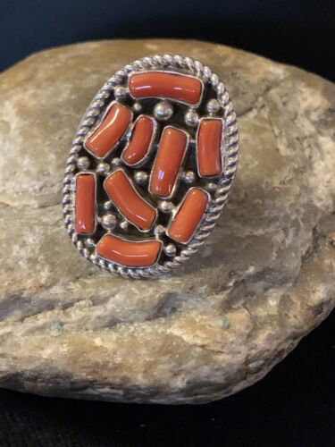Navajo Red Coral Cluster Ring | Authentic Native American Sterling Silver | Multi-Stone | Sz 9 | 00509
