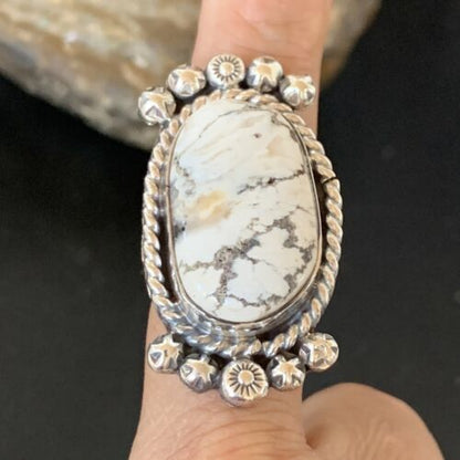Navajo White Buffalo Turquoise Ring | Sterling Silver | Sz 8.5 | Authentic Native American Handmade | 13348