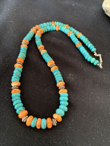 Navajo Blue Turquoise & Spiny Oyster Necklace | Sterling Silver | Authentic Native American Handmade | 18" | 1676