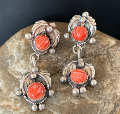 Native American Handmade Navajo Red Spiny Oyster Dangle Earrings | Sterling Silver | 2061