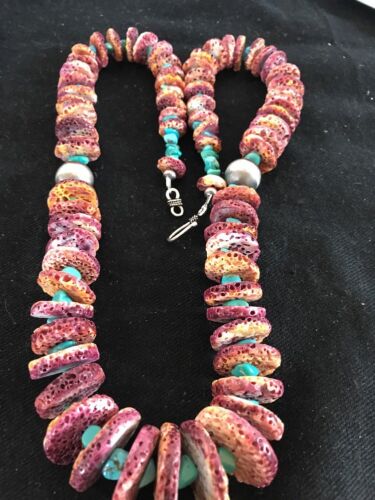 Authentic Native American Navajo Necklace | Purple Spiny Oyster & Turquoise | Sterling Silver | 24" Graduated