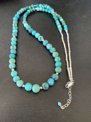 Navajo Women's | Natural Blue Turquoise Bead Necklace | Sterling Silver | 25" | Authentic Native American Handmade | 11664