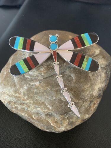 Zuni Coral Turquoise Inlay Dragonfly Necklace Pin Pendant | Sterling Silver | Native American Handmade | 11891