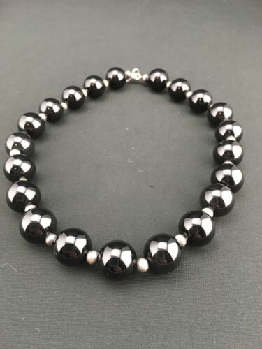 Navajo Sterling Silver Black Onyx Bead Necklace | 18" | Authentic Native American Handmade | 1104