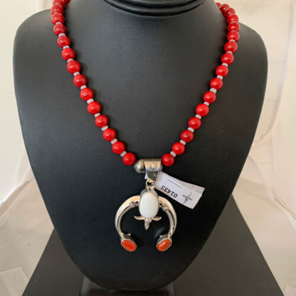 Navajo Sterling Silver Naja Pendant Necklace | White Buffalo Turquoise & Coral | Authentic Native American Handmade | 1433