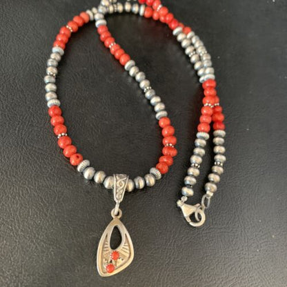 Native American Navajo Red Coral Pendant Necklace | Sterling Silver | 13842