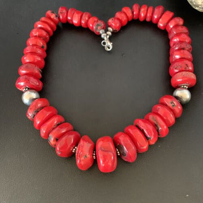Navajo Red Coral Bead Necklace | Sterling Silver | Graduated 21" | Authentic Native American Jewelry | 13160