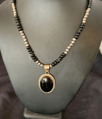 Native American Men's Navajo Pearl Necklace Pendant | Sterling Silver Black Onyx | 11740
