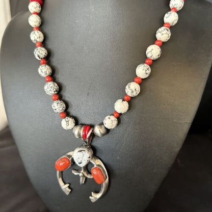 Navajo White Buffalo Turquoise Coral Naja Pendant Necklace | Sterling Silver | 22" | 14690