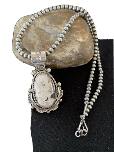 Navajo White Turquoise Buffalo Pendant Necklace | Sterling Silver | Authentic Native American Handmade | 1369