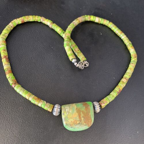 Navajo Green Gaspeite Turquoise Pendant | Sterling Silver | Authentic Native American Handmade | 13912