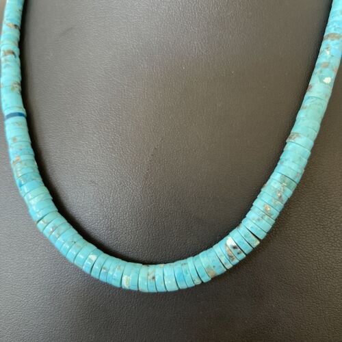 Navajo Blue Turquoise Heishi Necklace with Sterling Silver & Graduated Pearl Stab | Authentic Native American | 17" | 1184