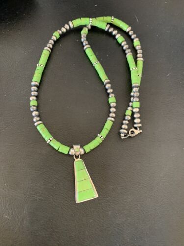 Native American Navajo Sterling Silver Necklace | Green Gaspeite Inlay Pendant | 12150