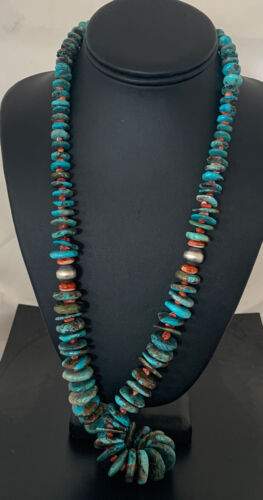 Navajo Pearls Natural Blue Turquoise & Spiny Oyster Necklace | Sterling Silver | Graduated | Authentic Native American | 28" | 00381