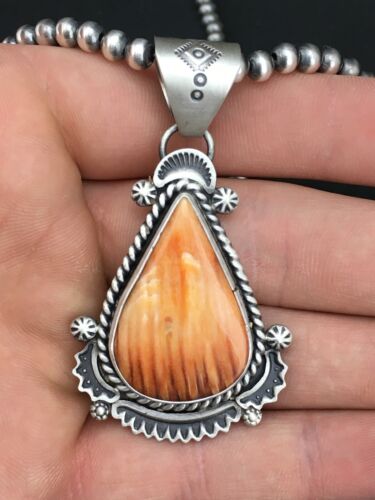 Navajo Orange Spiny Oyster Pendant Necklace | Sterling Silver Pearls | Authentic Native American Handmade | 4883