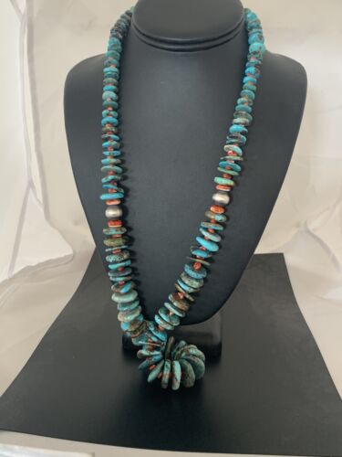 Navajo Pearls Natural Blue Turquoise & Spiny Oyster Necklace | Sterling Silver | Graduated | Authentic Native American | 28" | 00381