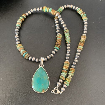 Navajo Royston Bead Green Turquoise Necklace Pendant | Sterling Silver | Authentic Native American Handmade | 11868
