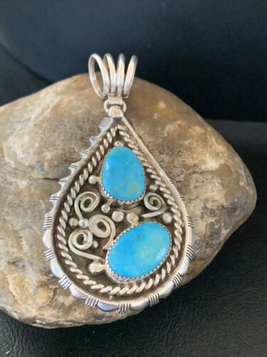 Navajo Blue Turquoise Cluster Pendant | Sterling Silver | 3" | Authentic Native American Handmade | 02103