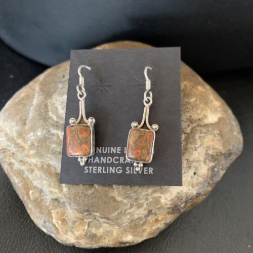 Navajo Orange Spiny Oyster Inlay Earrings | Sterling Silver | Authentic Native American Handmade | 12829