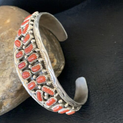 Navajo Multi-Stone Red Coral Bracelet | Sterling Silver | Authentic Native American Handmade | 12235