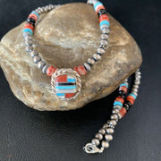 Authentic Navajo Sterling Silver Necklace | Turquoise & Onyx Multi-Color Inlay Pendant | Native American Jewelry | 13558