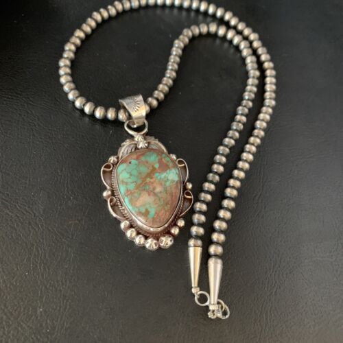 Men's Navajo Green Royston Turquoise Pendant Necklace | Sterling Silver | Authentic Native American Handmade | 13662