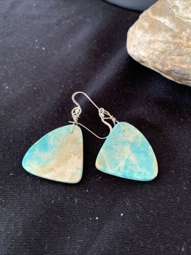 Southwestern Navajo Slab Turquoise Dangle Earrings | Sterling Silver | Authentic Native American Handmade | 1320