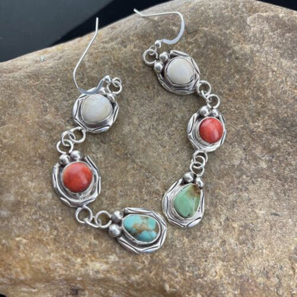 Navajo Spiny, Turquoise & Howlite Dangle Earrings | Sterling Silver | Authentic Native American Handmade | 1634