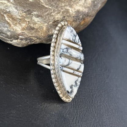 Navajo White Buffalo Turquoise Inlay Ring | Sterling Silver | Sz 8.5 | Authentic Native American Handmade | 14553