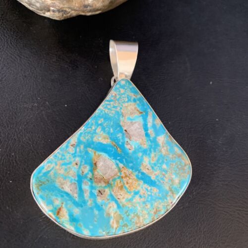 Navajo Men's Kingman Turquoise Necklace | XXL | Sterling Silver | 4" Pendant | Authentic Native American Handmade | 13984