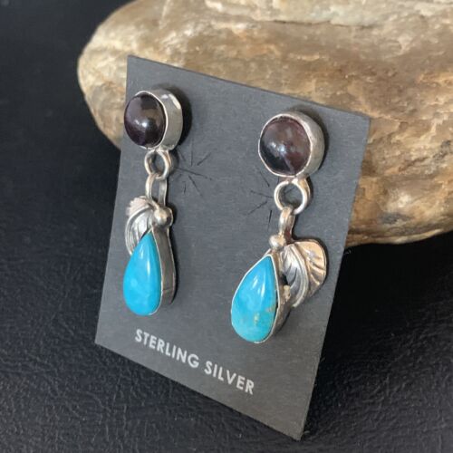 Navajo Purple Sugilite Blue Turquoise Dangle Leaf Earrings | Sterling Silver | Authentic Native American Handmade | 13452