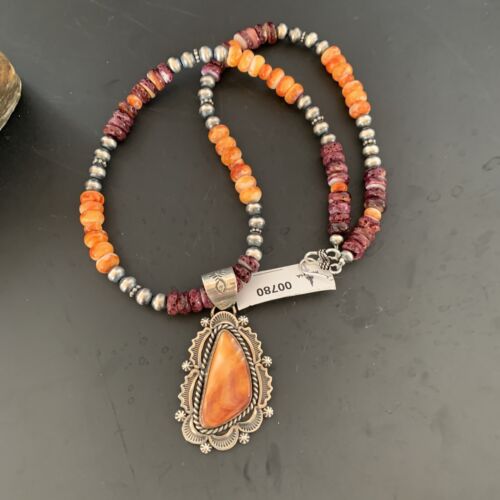 Navajo Sterling Silver Necklace | Orange Purple Spiny Oyster Pendant | 780