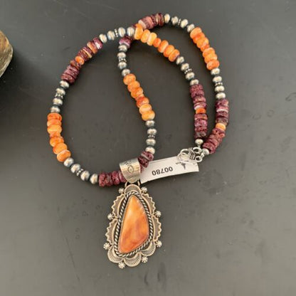 Navajo Sterling Silver Necklace | Orange Purple Spiny Oyster Pendant | 00780