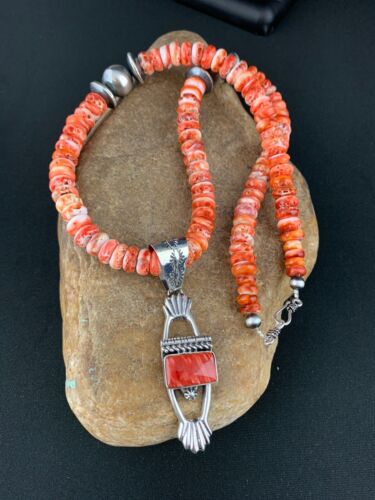 Navajo Red Spiny Oyster Pendant Necklace | Sterling Silver | Authentic Native American Handmade | 4784