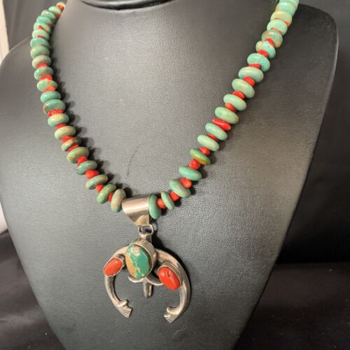 Navajo Pearl Necklace with Royston Turquoise & Coral Naja Pendant | Sterling Silver | 13813