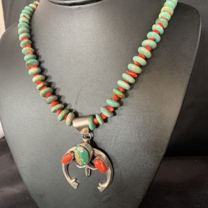 Navajo Pearl Necklace with Royston Turquoise & Coral Naja Pendant | Sterling Silver | 13813